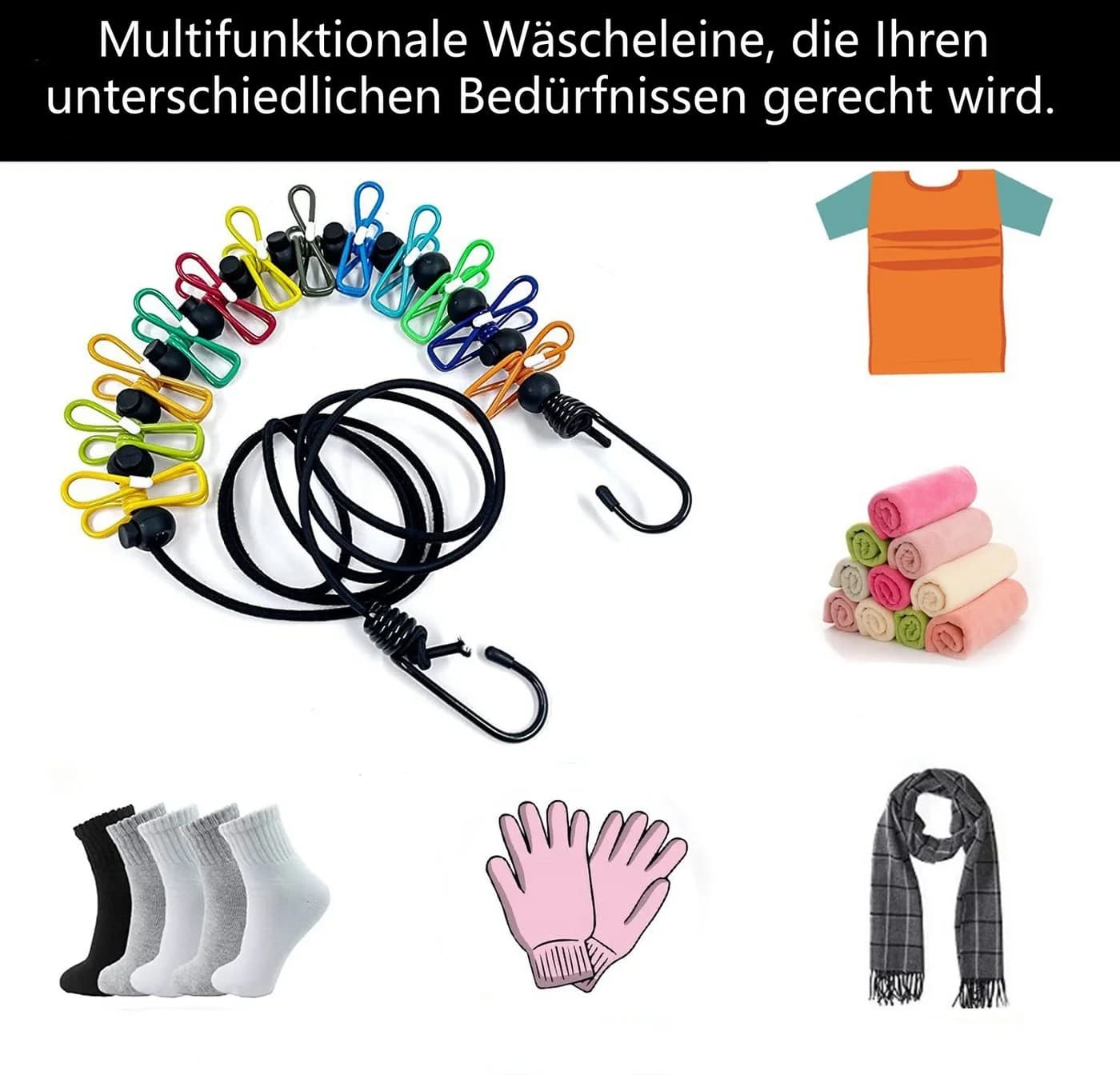 FOUORTUNATE-BEE Camping Wäscheleine mit Klammern, ausziehbar 3,0-3,7m - Bild 3