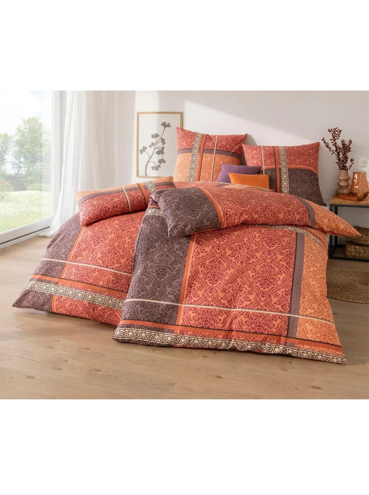 Biberna Bettwäsche Set 2-tlg. 135x200 cm Orange Terra Gemustert Feinbiber