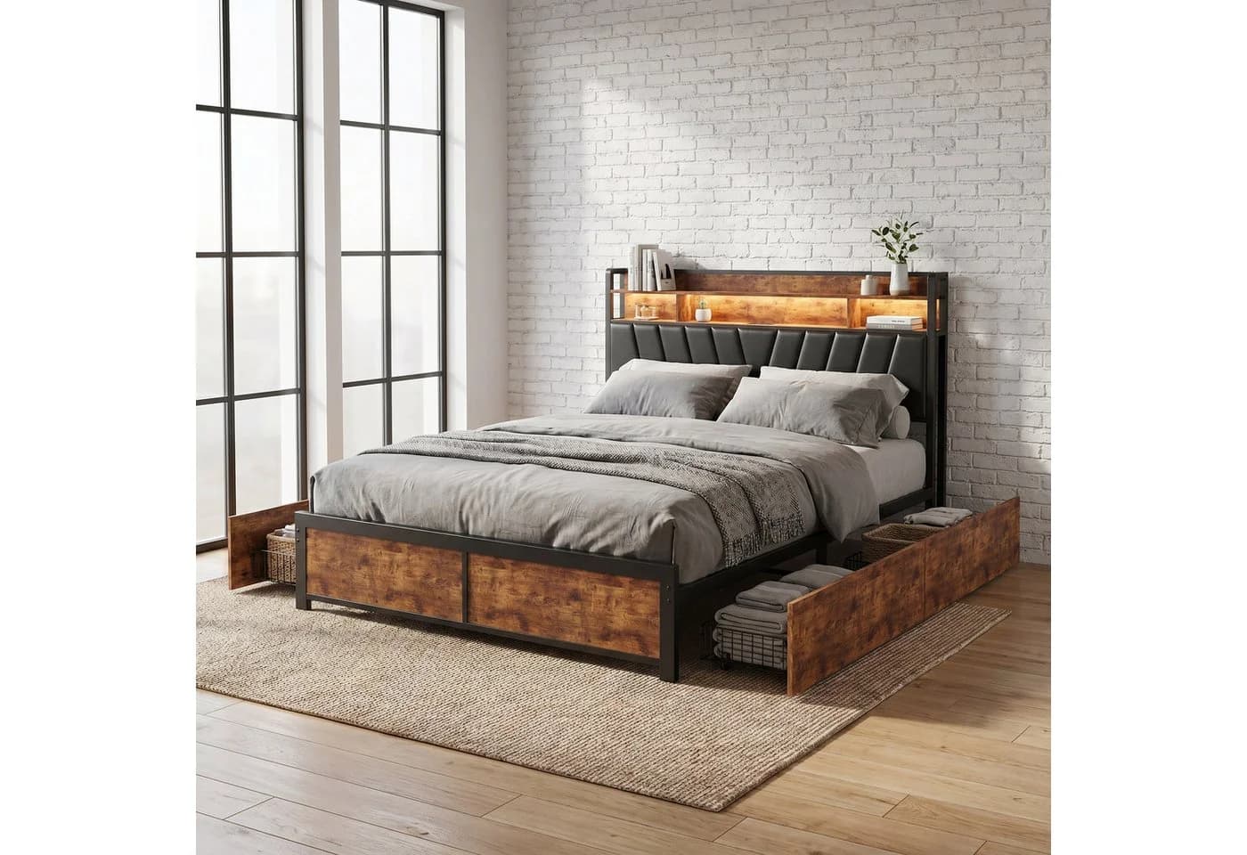 Simurq Metall-Doppelbett mit LED-Beleuchtung, Stauraum und Schubladen