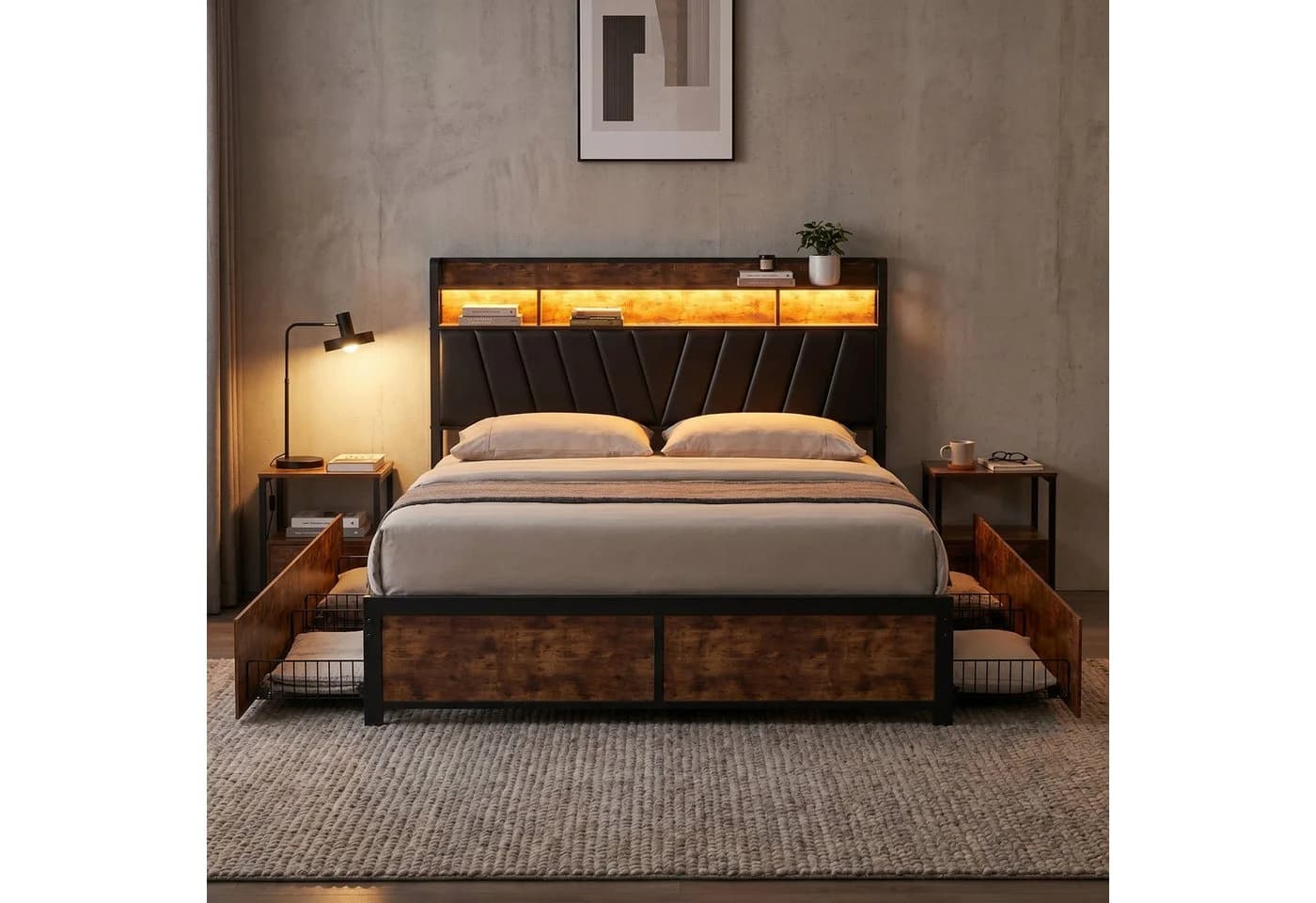 Simurq Metall-Doppelbett mit LED-Beleuchtung, Stauraum und Schubladen - Bild 2