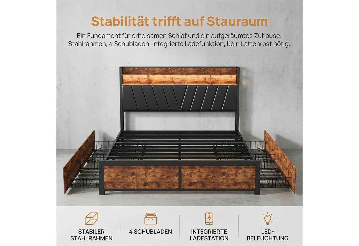 Simurq Metall-Doppelbett mit LED-Beleuchtung, Stauraum und Schubladen - Bild 4