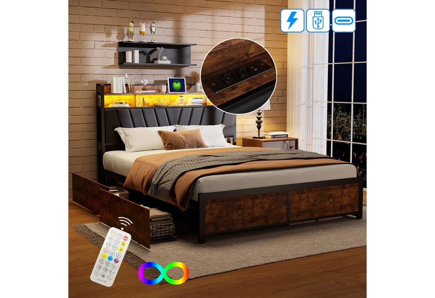 Simurq Metall-Doppelbett mit LED-Beleuchtung, Stauraum und Schubladen - Bild 5