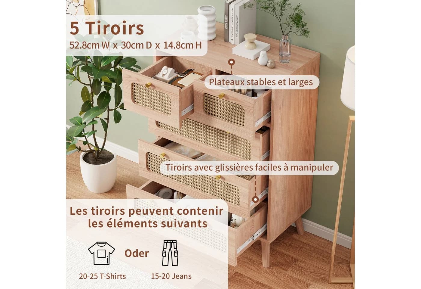 Simurq Kommode mit Rattan 5/6 Schubladen Holzfarbe - Bild 5
