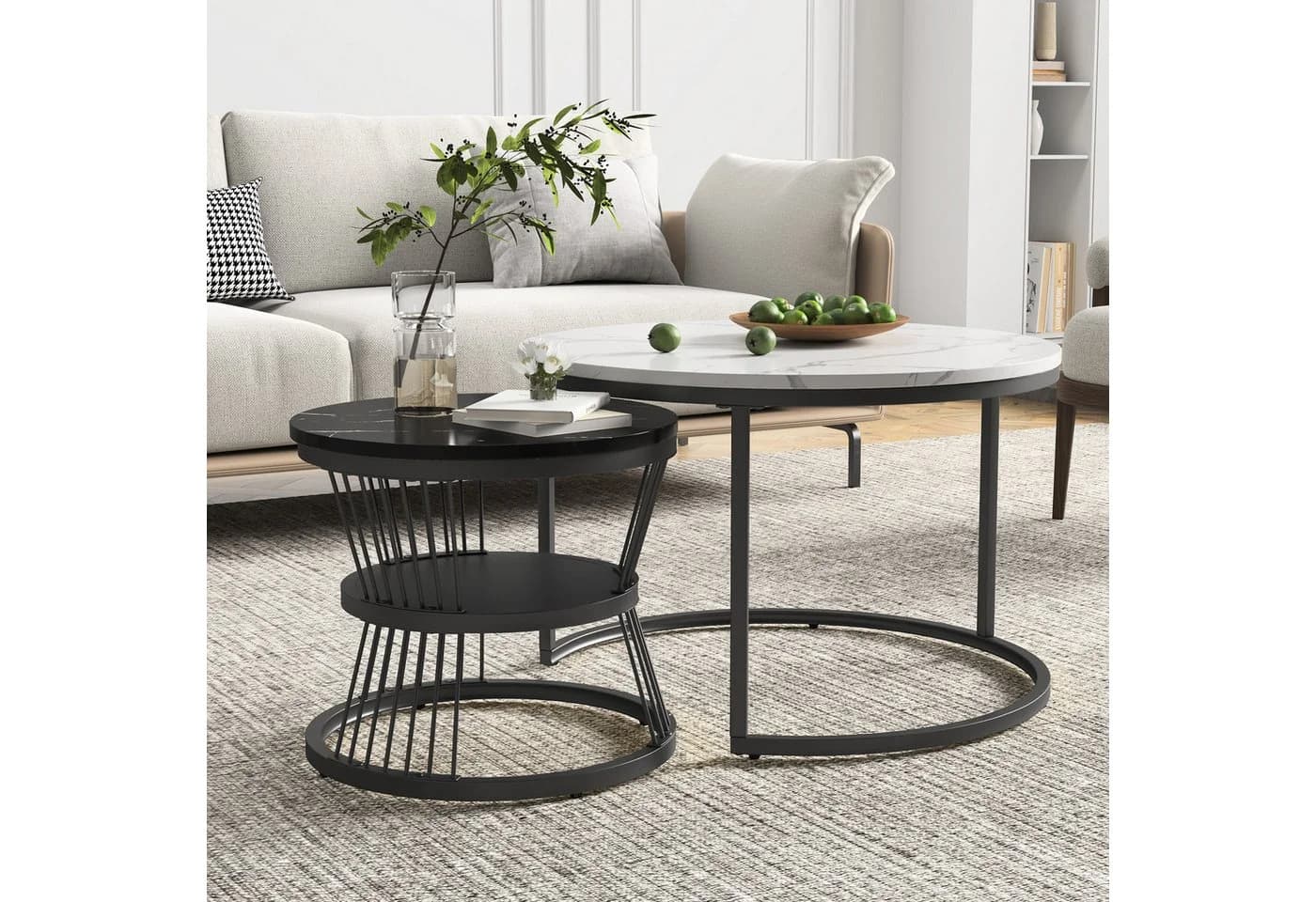 Simurq Couchtisch 2er-Set rund Marmoroptik stapelbar