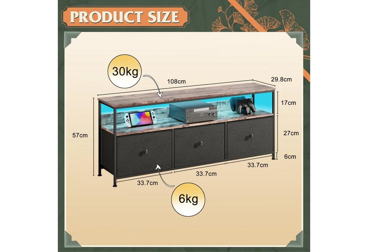 Simurq Lowboard TV-Schrank Schwarz/Braun mit LED-Beleuchtung - Bild 5