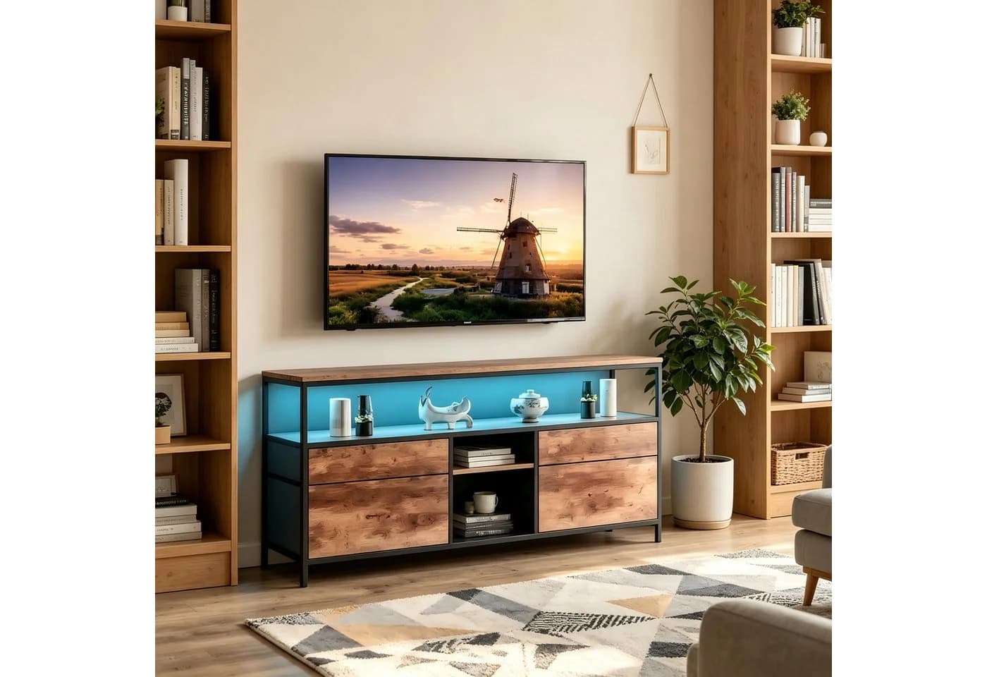 Simurq TV-Schrank Lowboard mit LED-Beleuchtung und 4 Schubladen Braun