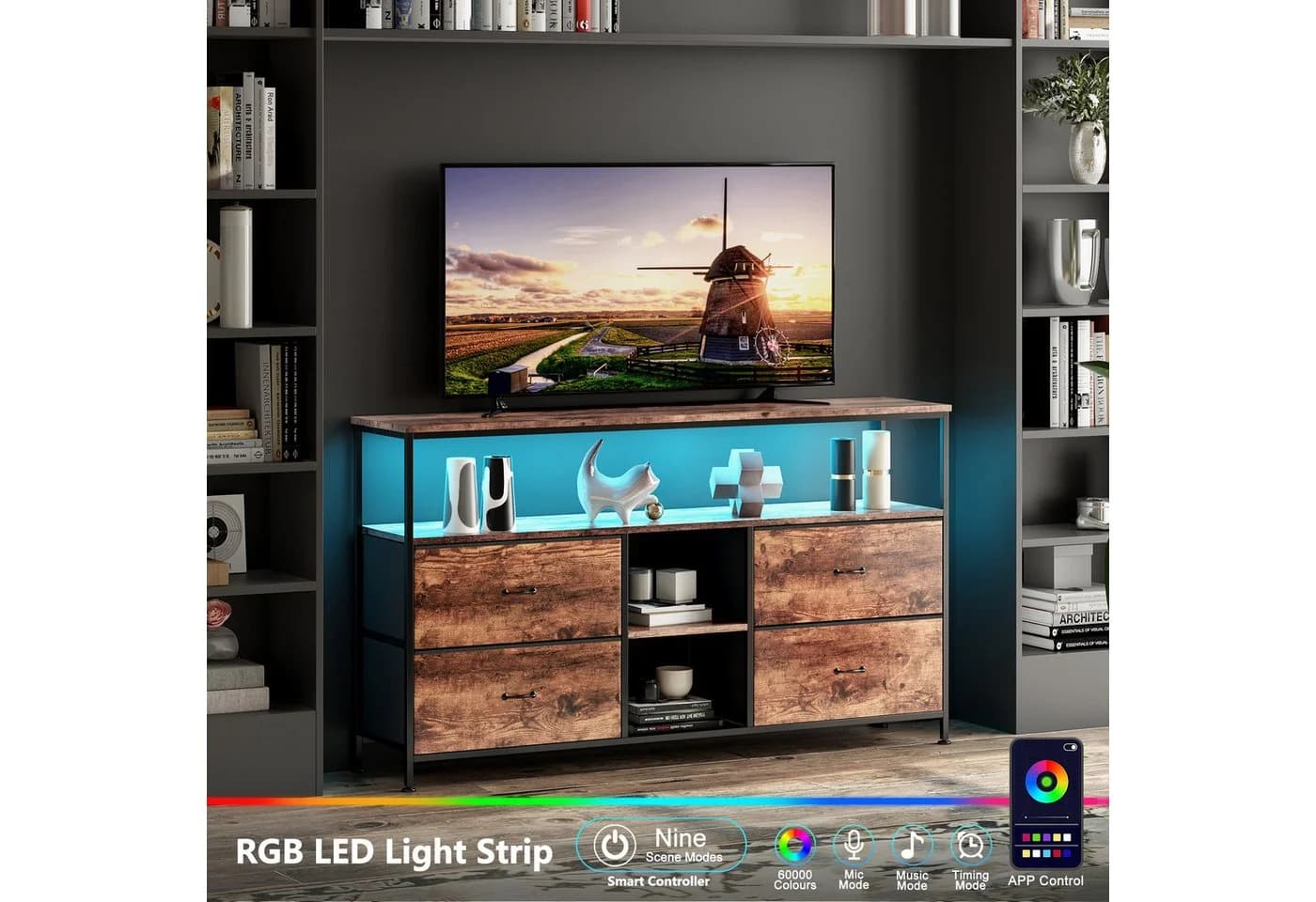 Simurq TV-Schrank Lowboard mit LED-Beleuchtung und 4 Schubladen Braun - Bild 3