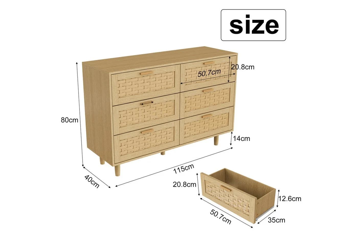 Simurq Kommode 6 Schubladen Rattan-Optik Eiche - Bild 4