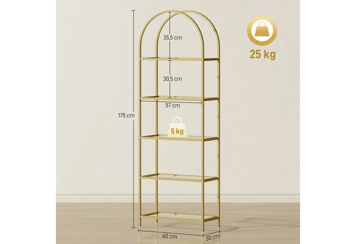 MC Star Bücherregal 5-stufig Gold Stahlrahmen Glas - Bild 5