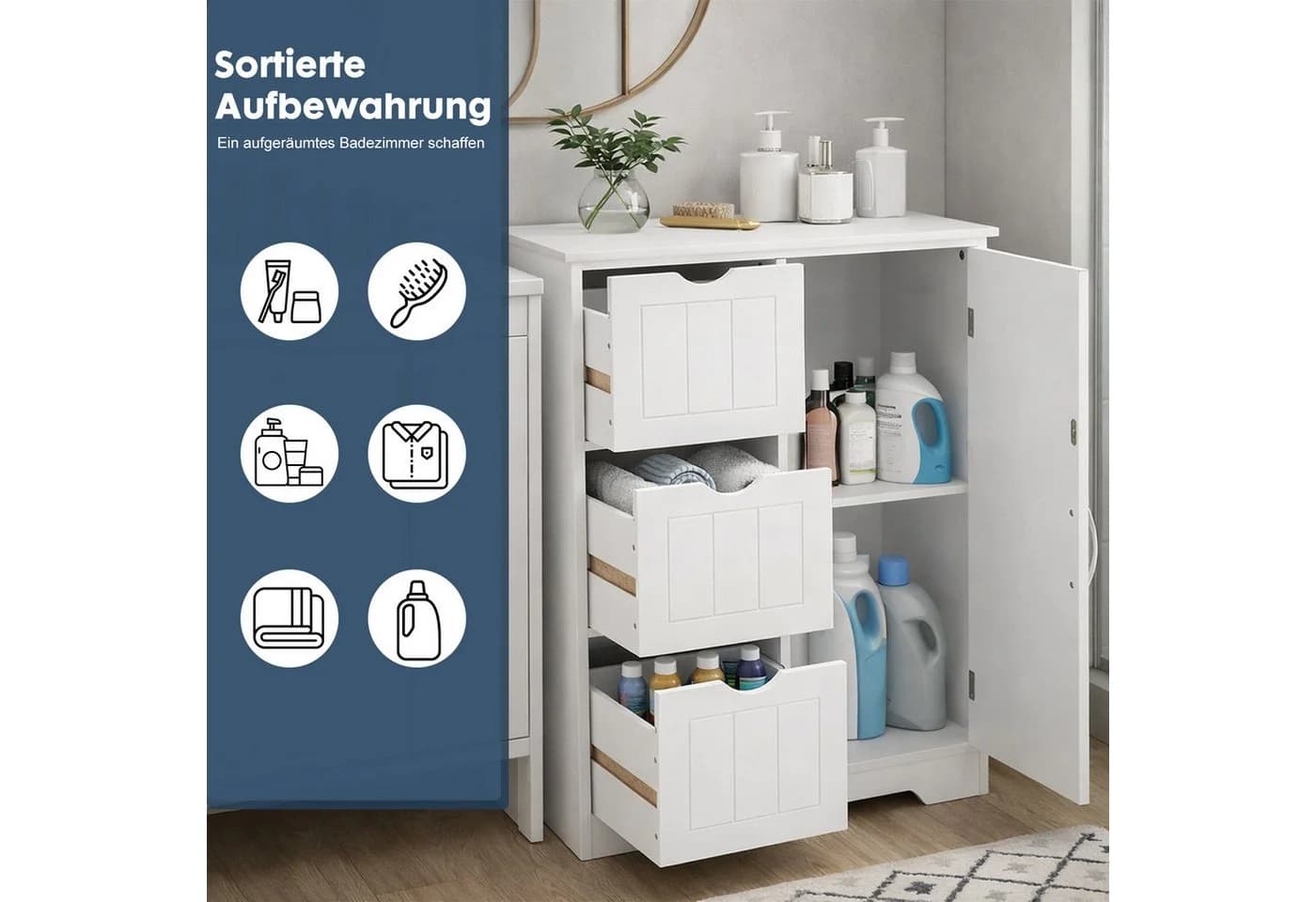 DUMOS Badkommode mit 3 Schubladen, Badezimmerschrank mit verstellbarem Regalbrett - Bild 3
