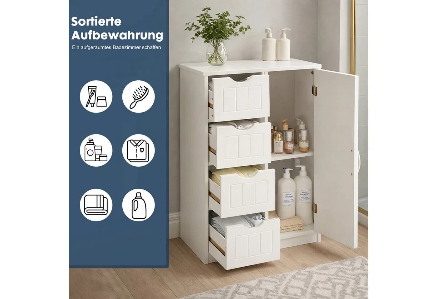 DUMOS Badkommode Badezimmerschrank mit 4 Schubladen und verstellbarer Ablage - Bild 3