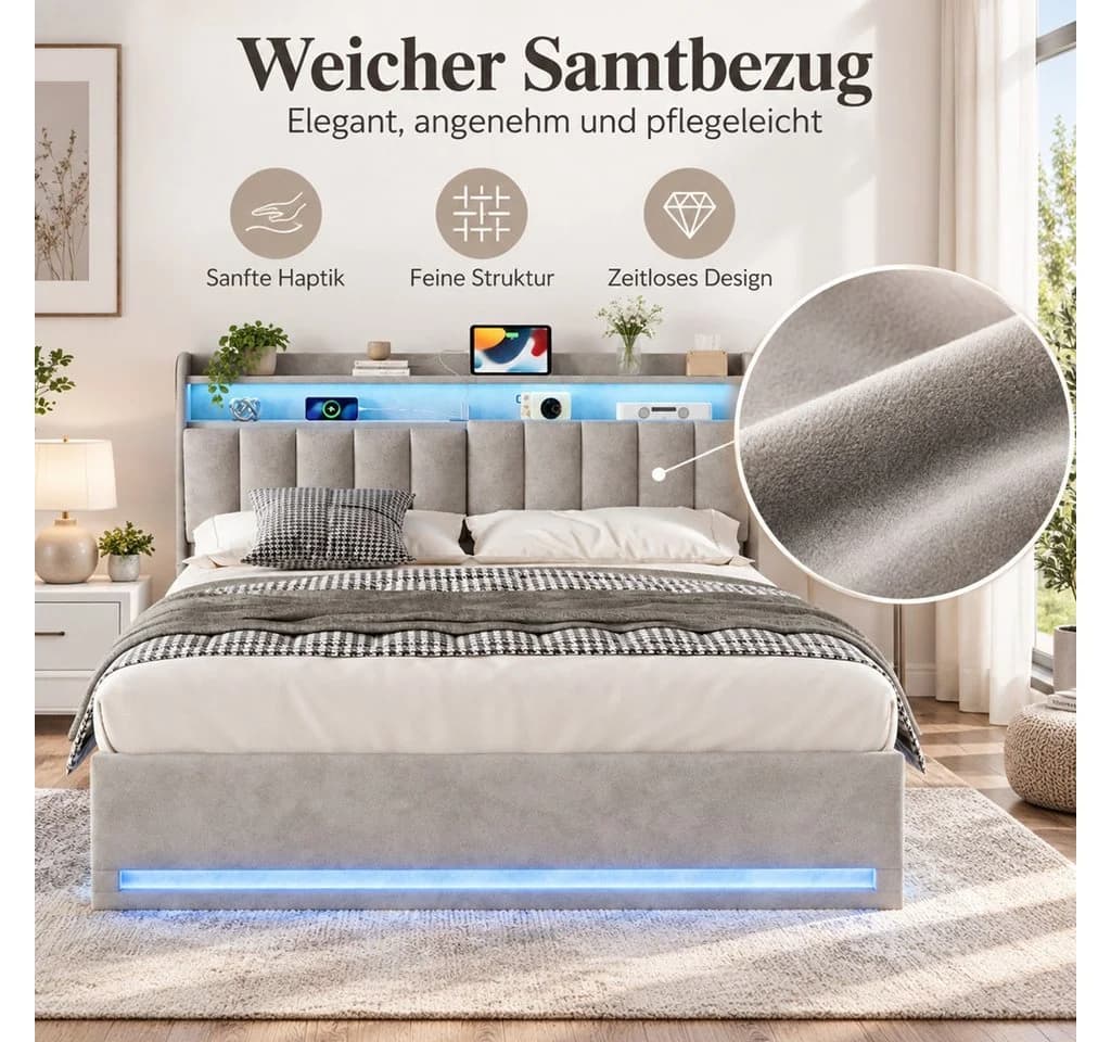 Simurq Polsterbett 140x200 cm Grau mit LED & Stauraum - Bild 3
