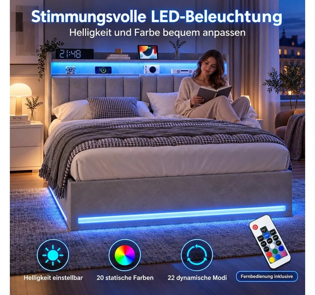 Simurq Polsterbett 140x200 cm Grau mit LED & Stauraum - Bild 4