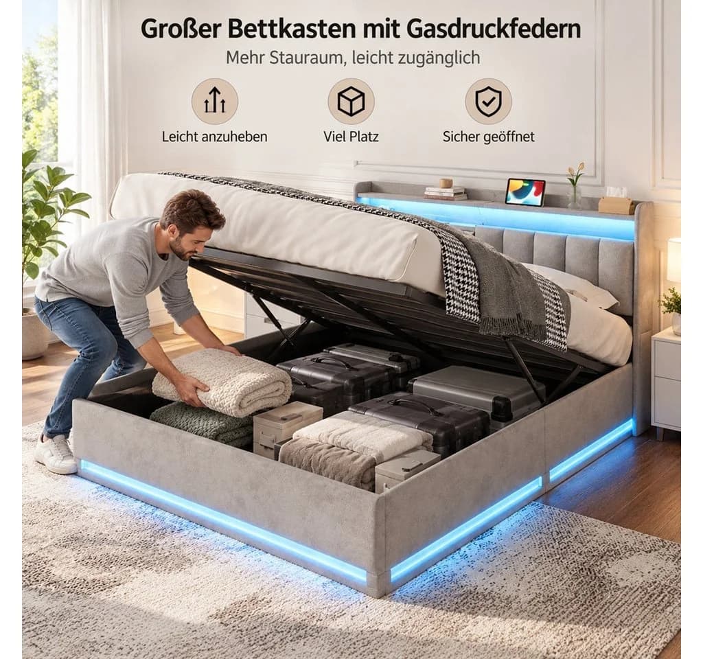 Simurq Polsterbett 140x200 cm Grau mit LED & Stauraum - Bild 5