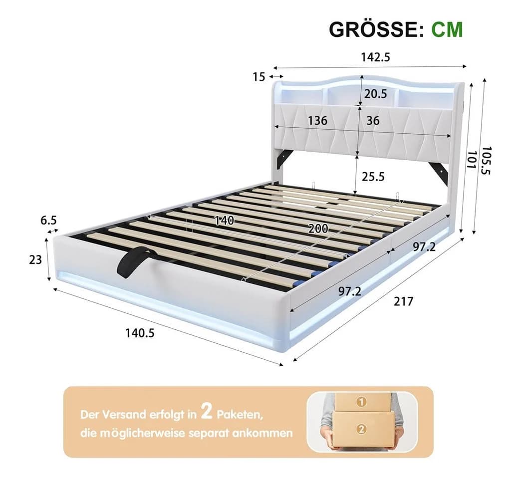 Simurq Polsterbett Beige mit LED, Ladefunktion & Bettkasten