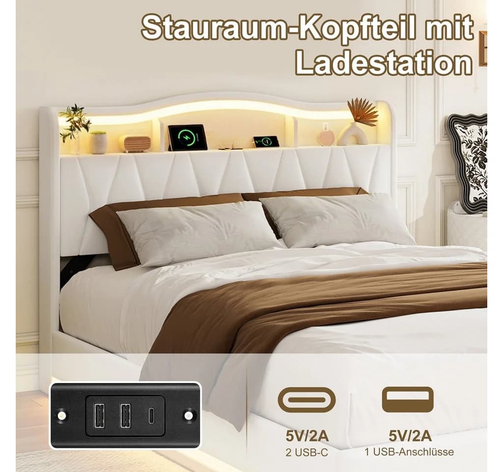 Simurq Polsterbett Beige mit LED, Ladefunktion & Bettkasten - Bild 3