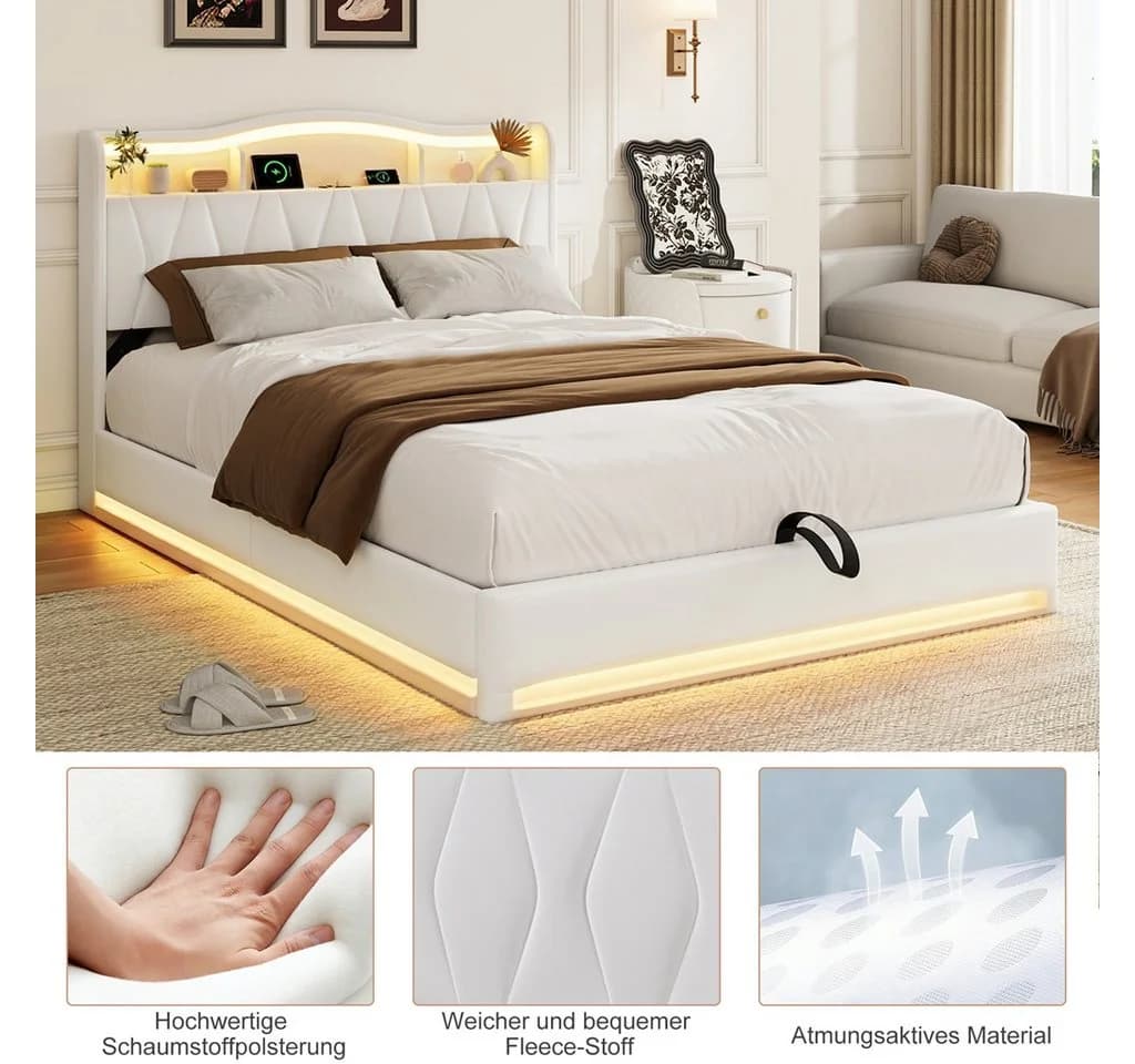 Simurq Polsterbett Beige mit LED, Ladefunktion & Bettkasten - Bild 5