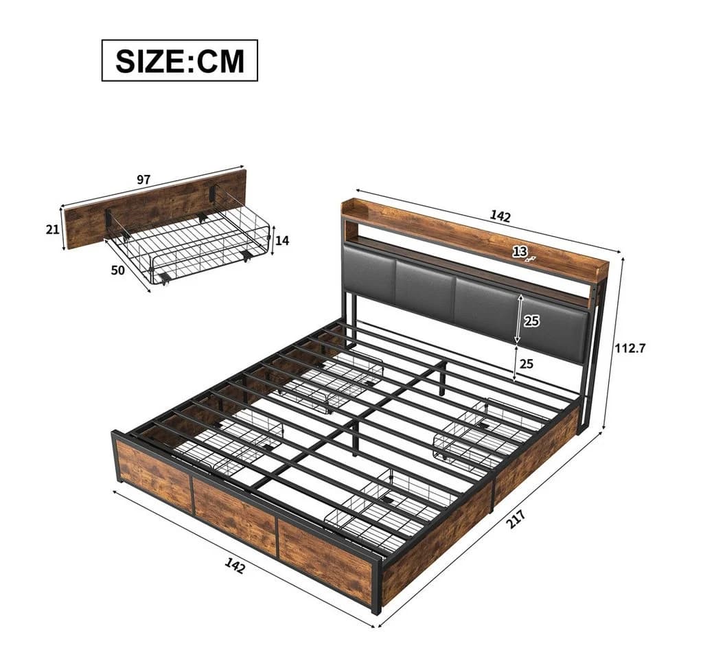 Simurq Polsterbett Metallbett mit LED-Beleuchtung und Schubladen