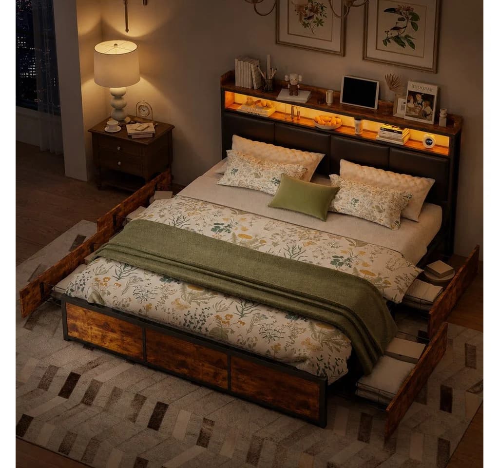 Simurq Polsterbett Metallbett mit LED-Beleuchtung und Schubladen - Bild 2