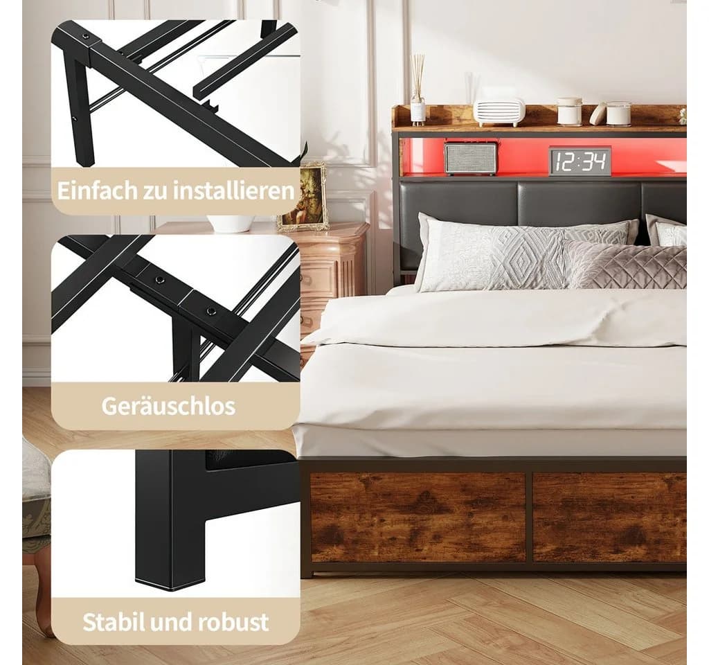 Simurq Polsterbett Metallbett mit LED-Beleuchtung und Schubladen - Bild 4