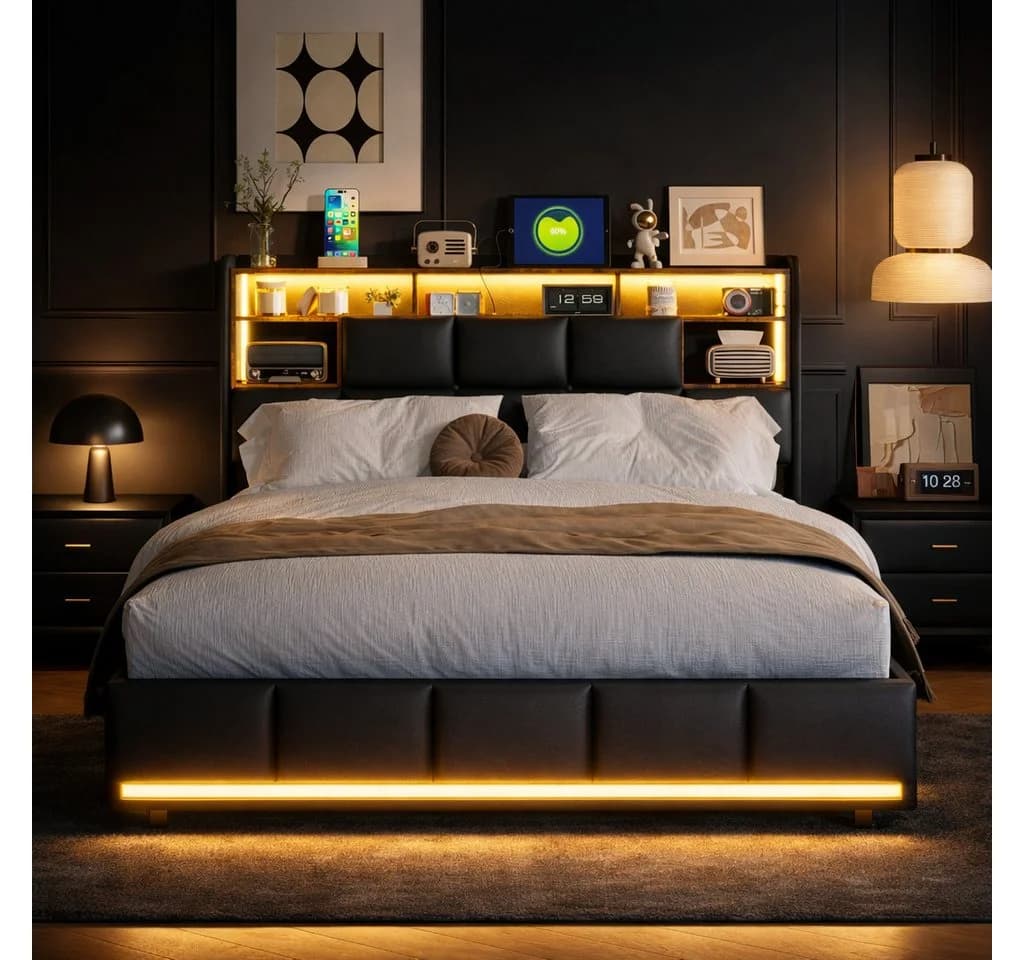 Simurq Stauraumbett Polsterbett 140x200 Schwarz mit LED & USB - Bild 2