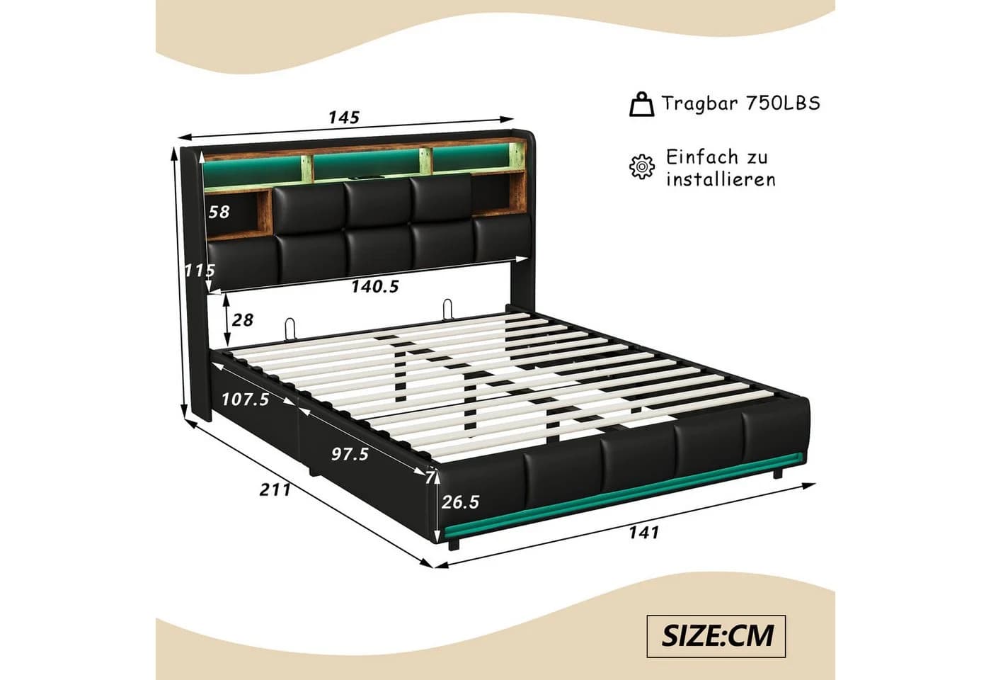 Simurq Stauraumbett Polsterbett 140x200 Schwarz mit LED & USB - Bild 3