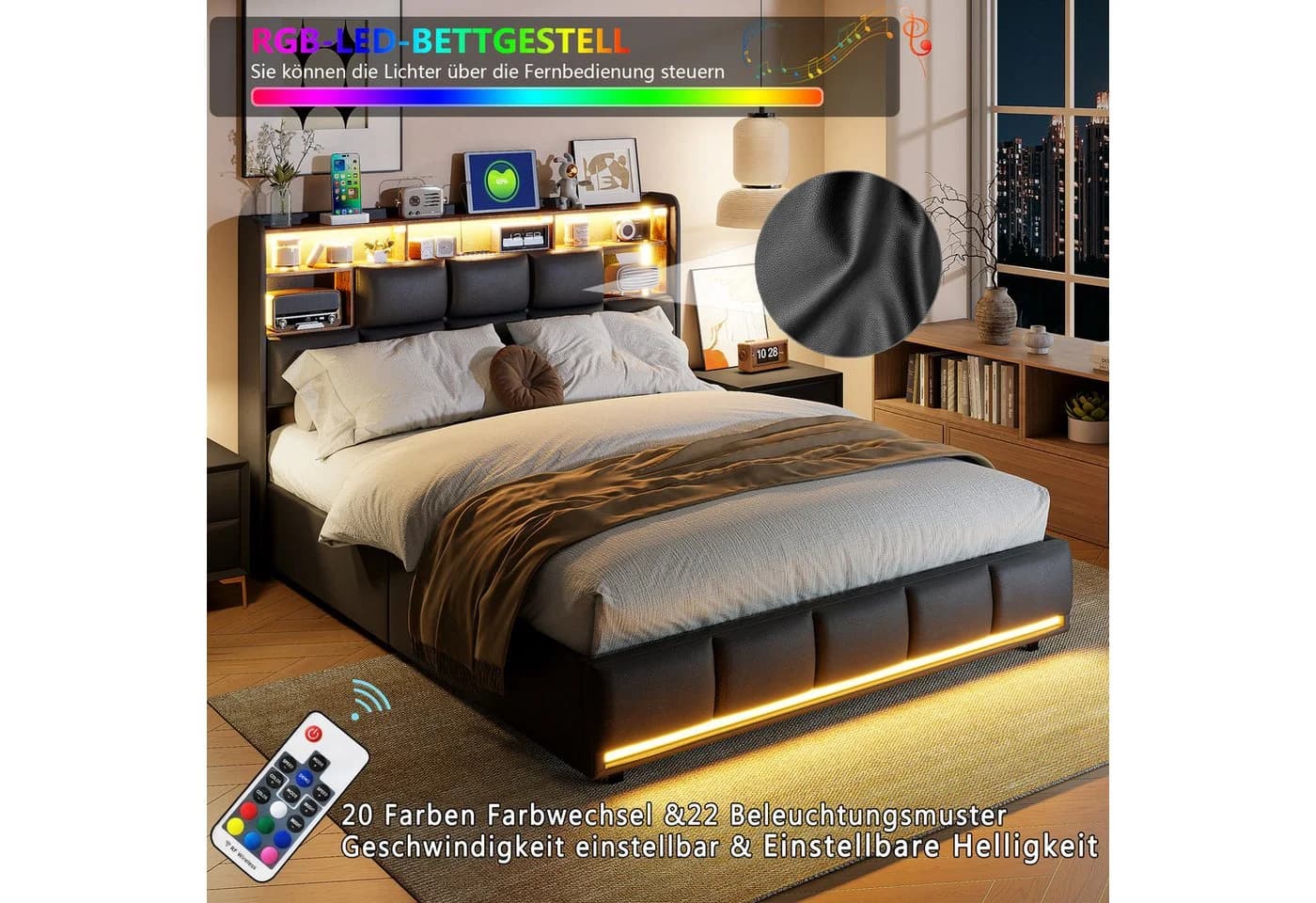 Simurq Stauraumbett Polsterbett 140x200 Schwarz mit LED & USB - Bild 4
