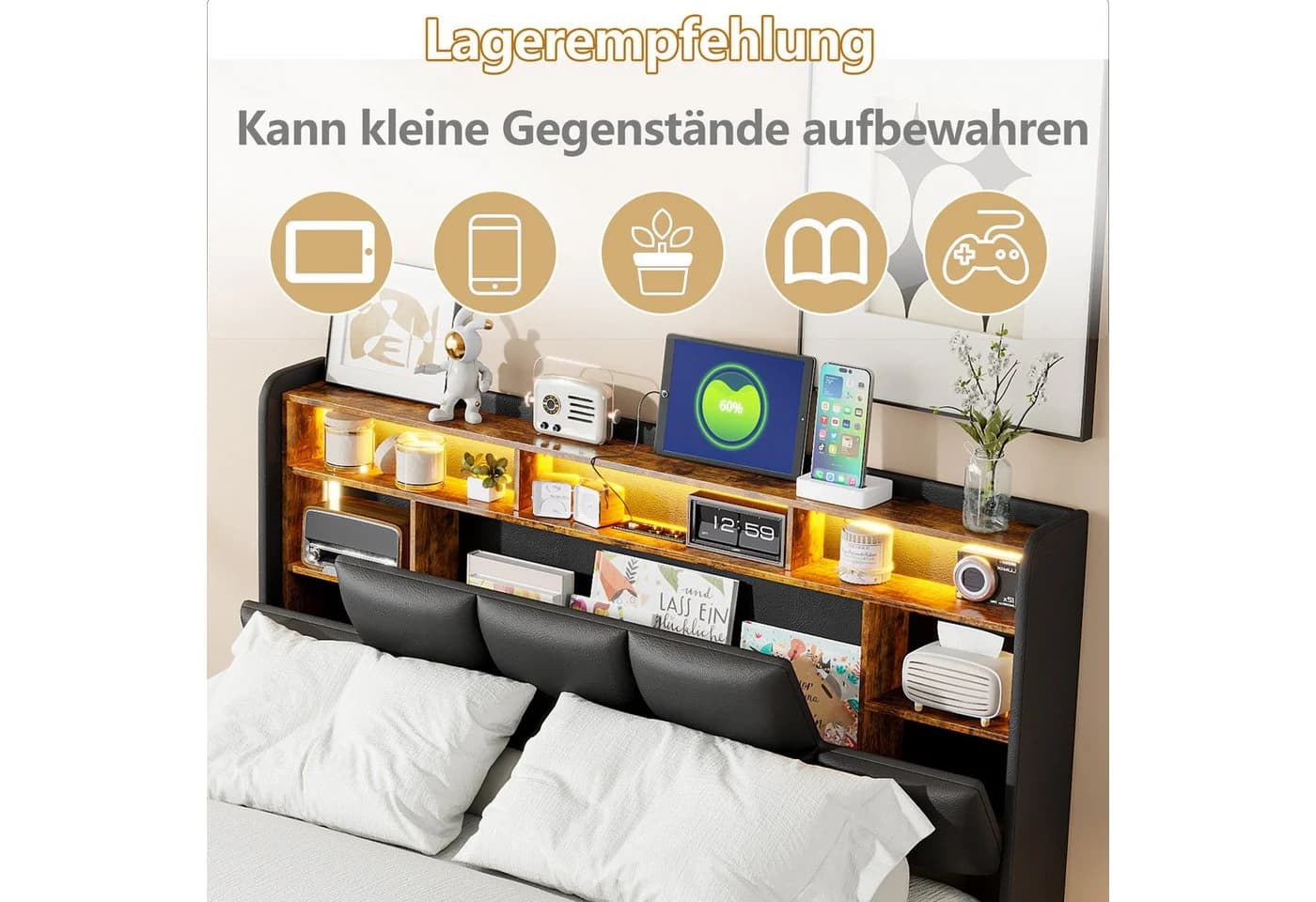 Simurq Stauraumbett Polsterbett 140x200 Schwarz mit LED & USB - Bild 5