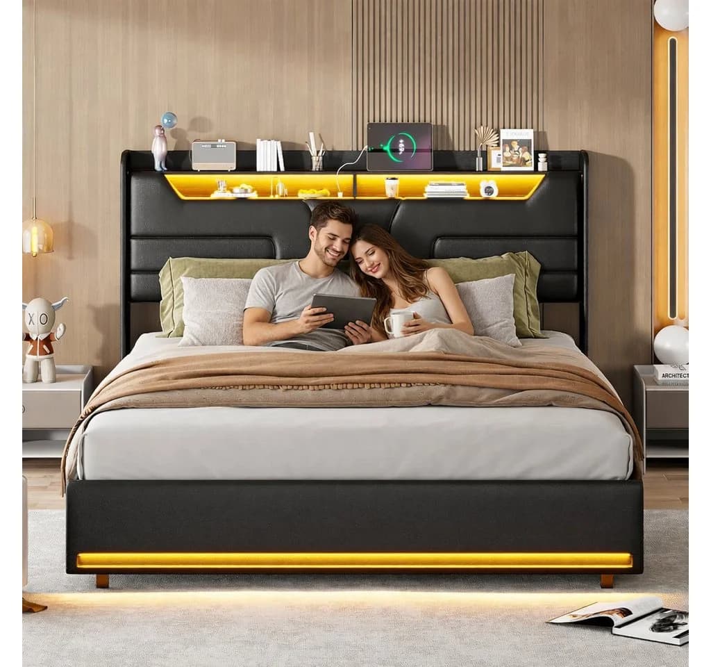 Simurq Stauraumbett Polsterbett Schwarz mit LED Kopfteil und USB-Anschluss