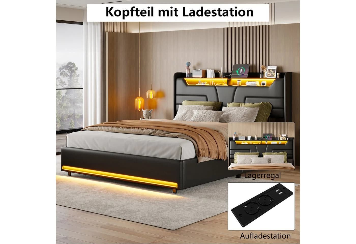 Simurq Stauraumbett Polsterbett Schwarz mit LED Kopfteil und USB-Anschluss - Bild 4