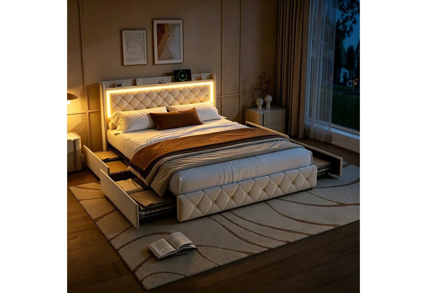 Simurq Stauraumbett Polsterbett mit LED, USB & 4 Schubladen - Bild 2