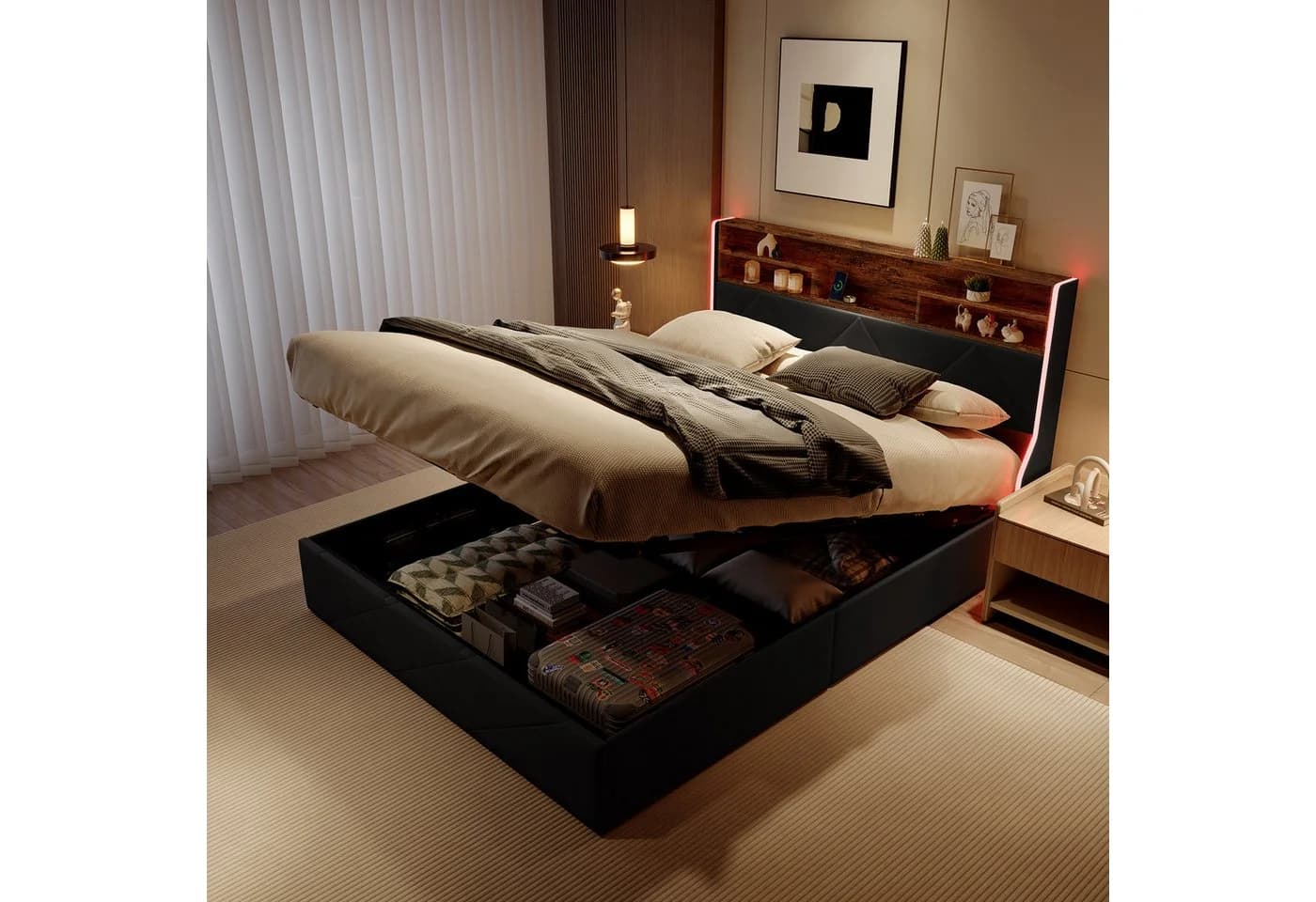 Simurq Stauraumbett 140x200 Schwarz PU mit LED & USB - Bild 2