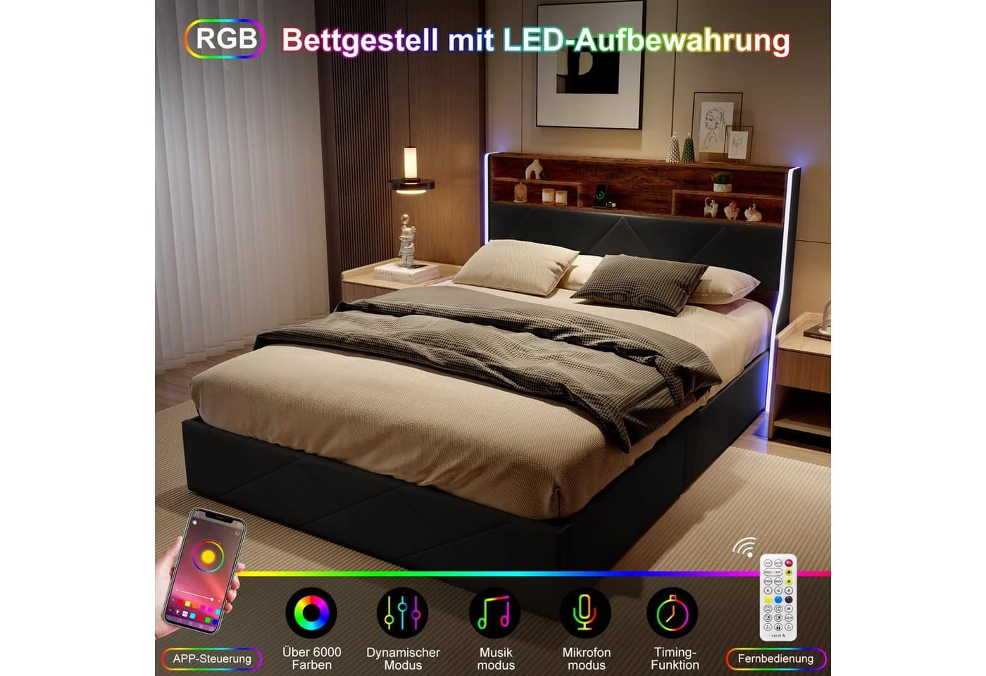 Simurq Stauraumbett 140x200 Schwarz PU mit LED & USB - Bild 4