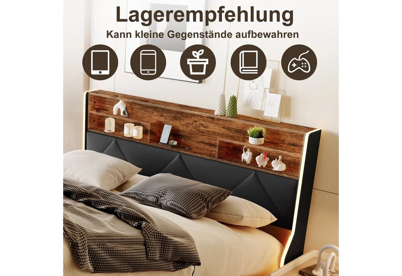 Simurq Stauraumbett 140x200 Schwarz PU mit LED & USB - Bild 5