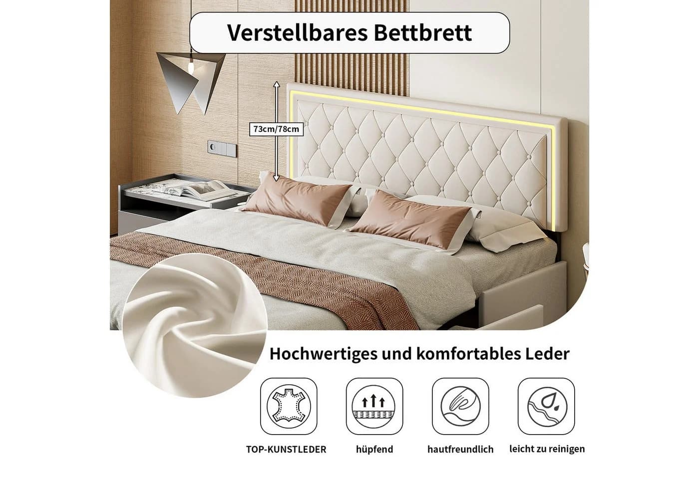 Simurq Stauraumbett 140x200 mit LED und 4 Schubladen - Bild 5