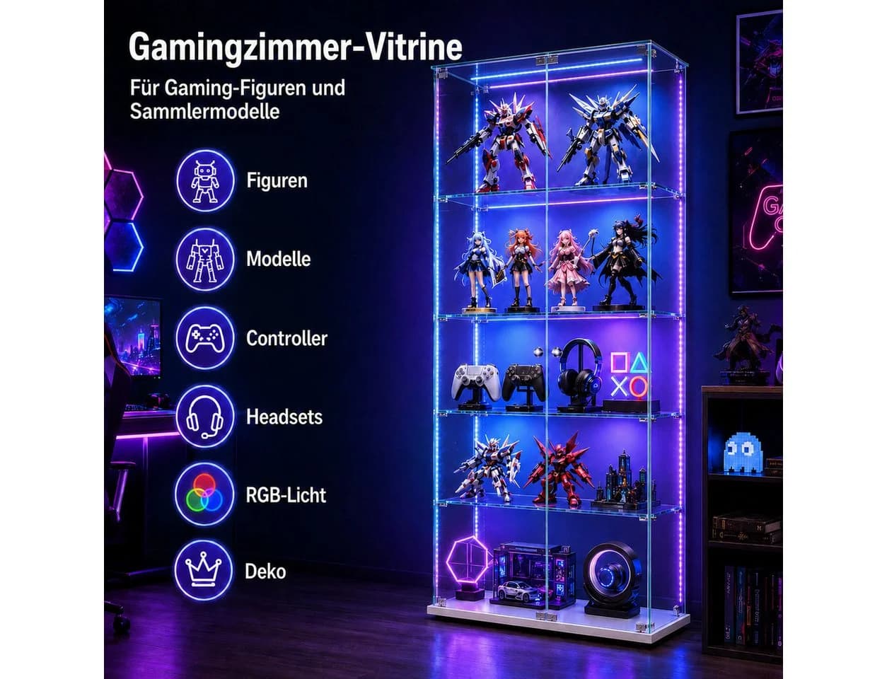 Simurq Glasvitrine mit LED, 2 Glastüren, 4 Ebenen, Schloss - Bild 3