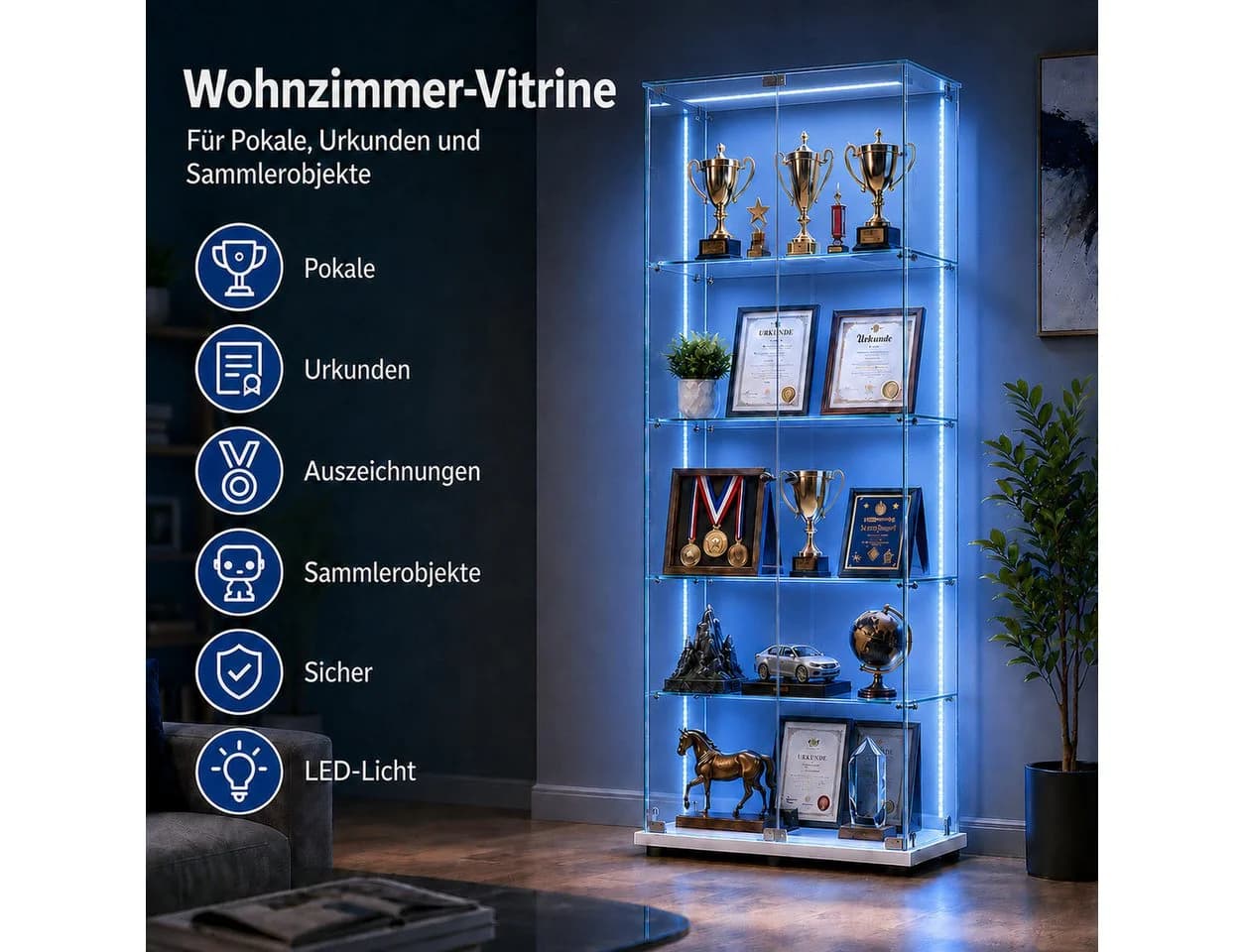 Simurq Glasvitrine mit LED, 2 Glastüren, 4 Ebenen, Schloss - Bild 4
