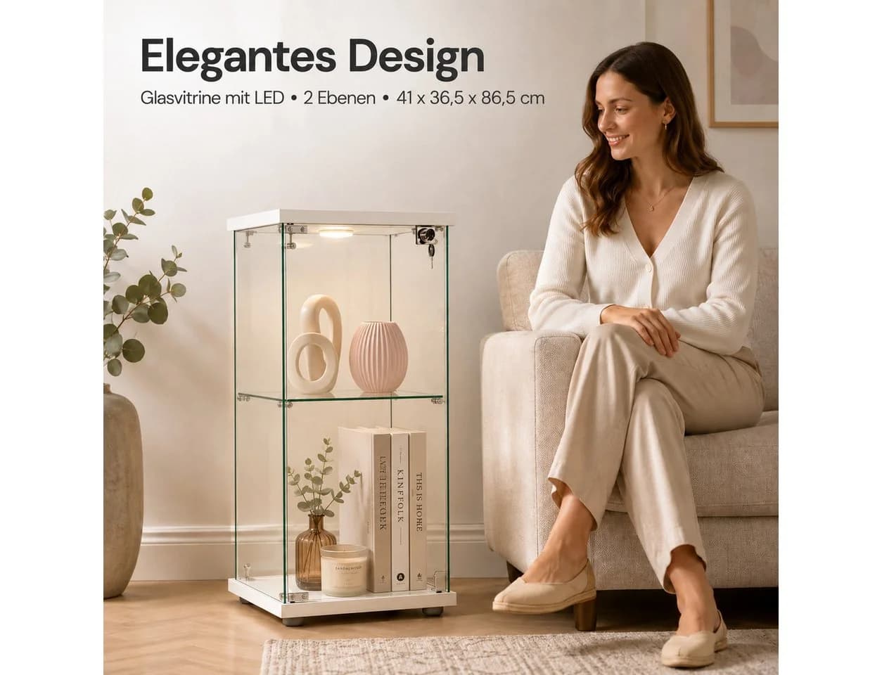 Simurq Glasvitrine Standvitrine mit LED und Schloss Weiß