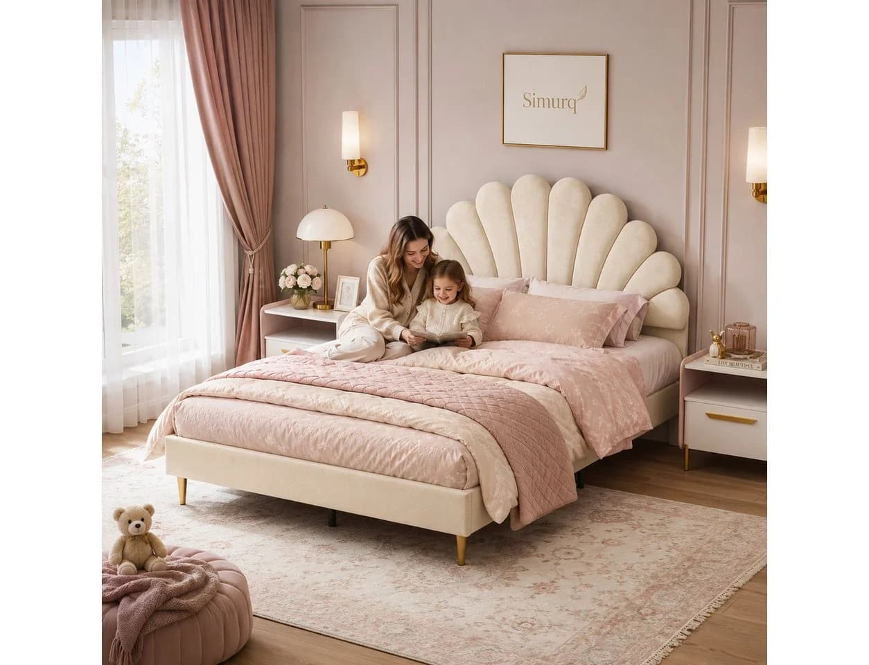 Simurq Polsterbett Beige Samt Blumenkopfteil - Bild 2