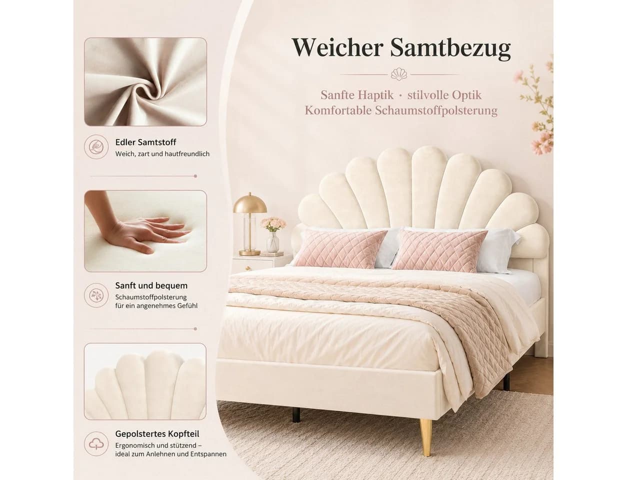 Simurq Polsterbett Beige Samt Blumenkopfteil - Bild 5