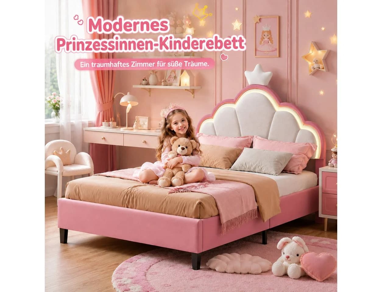 Simurq Kinderbett Rosa Samt mit LED Beleuchtung und verstellbarem Kopfteil