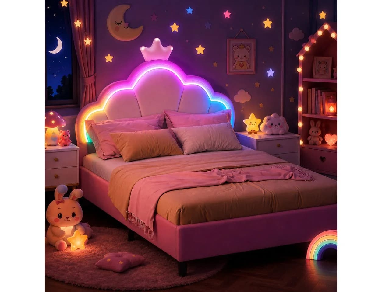 Simurq Kinderbett Rosa Samt mit LED Beleuchtung und verstellbarem Kopfteil - Bild 2