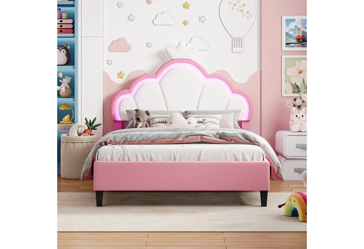 Simurq Kinderbett Rosa Samt mit LED Beleuchtung und verstellbarem Kopfteil - Bild 3