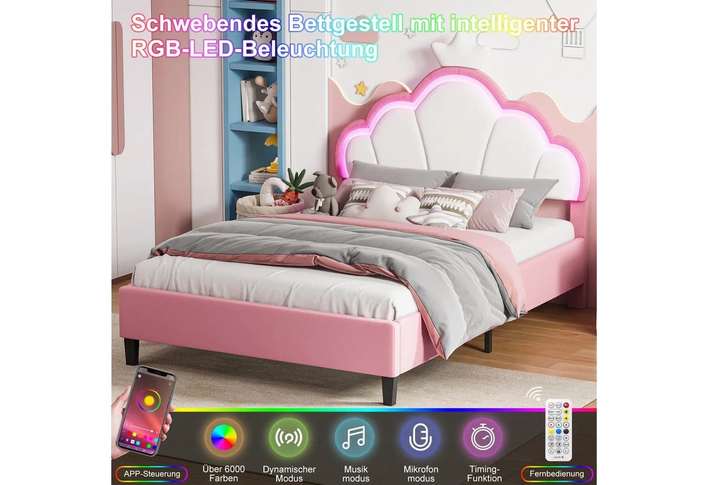 Simurq Kinderbett Rosa Samt mit LED Beleuchtung und verstellbarem Kopfteil - Bild 5
