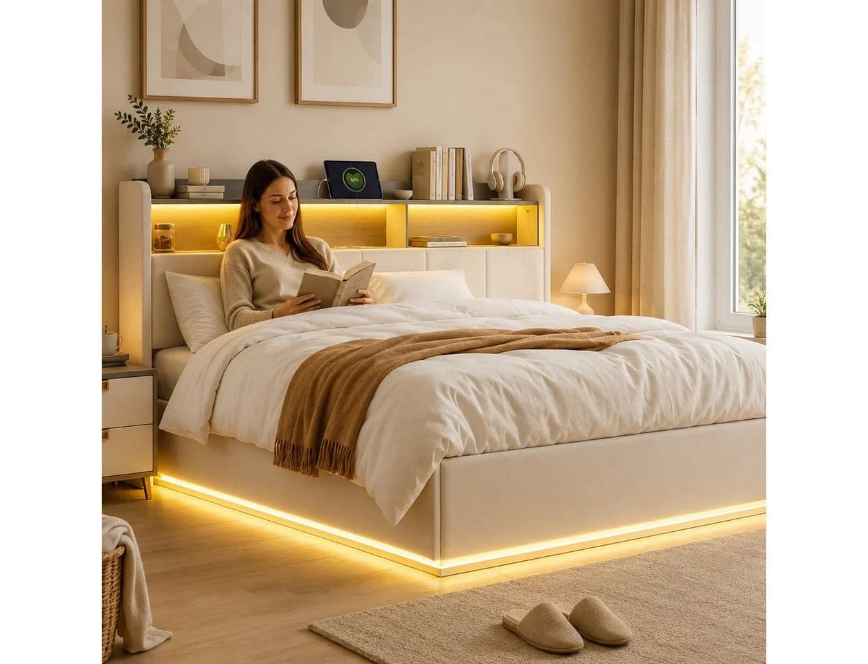 Simurq Polsterbett 140x200 cm mit Bettkasten, LED & USB, Grau Samt