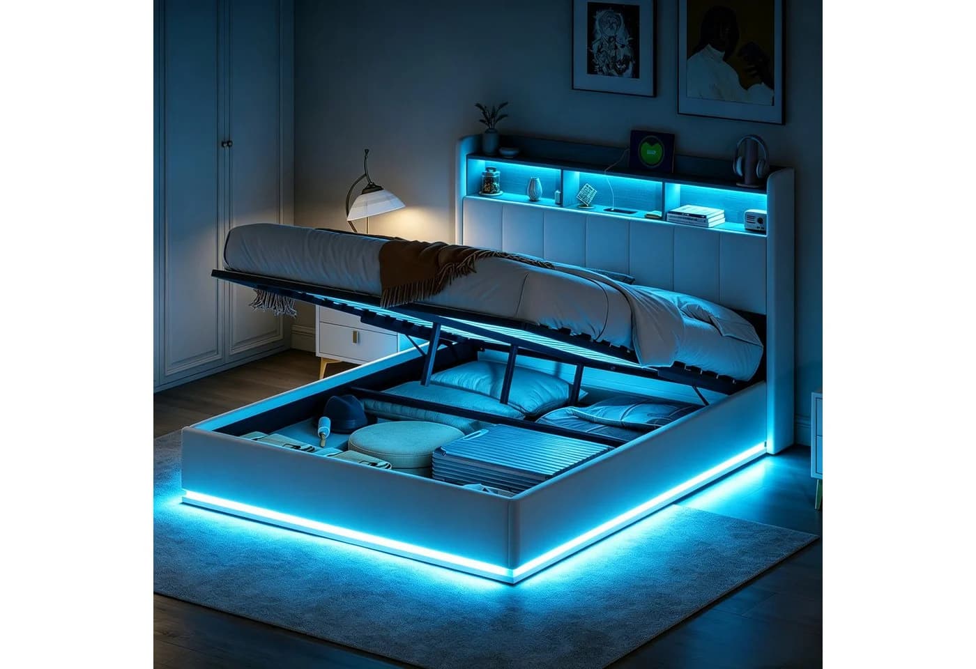 Simurq Polsterbett 140x200 cm mit Bettkasten, LED & USB, Grau Samt - Bild 2