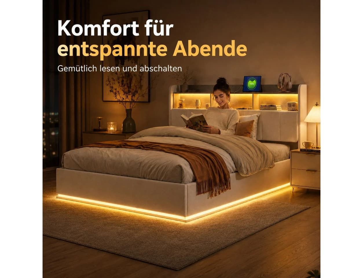 Simurq Polsterbett 140x200 cm mit Bettkasten, LED & USB, Grau Samt - Bild 3