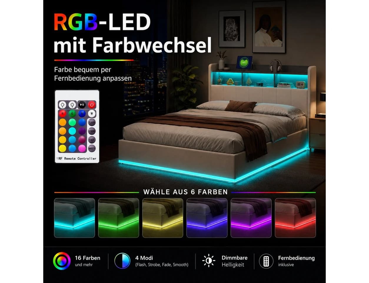 Simurq Polsterbett 140x200 cm mit Bettkasten, LED & USB, Grau Samt - Bild 5