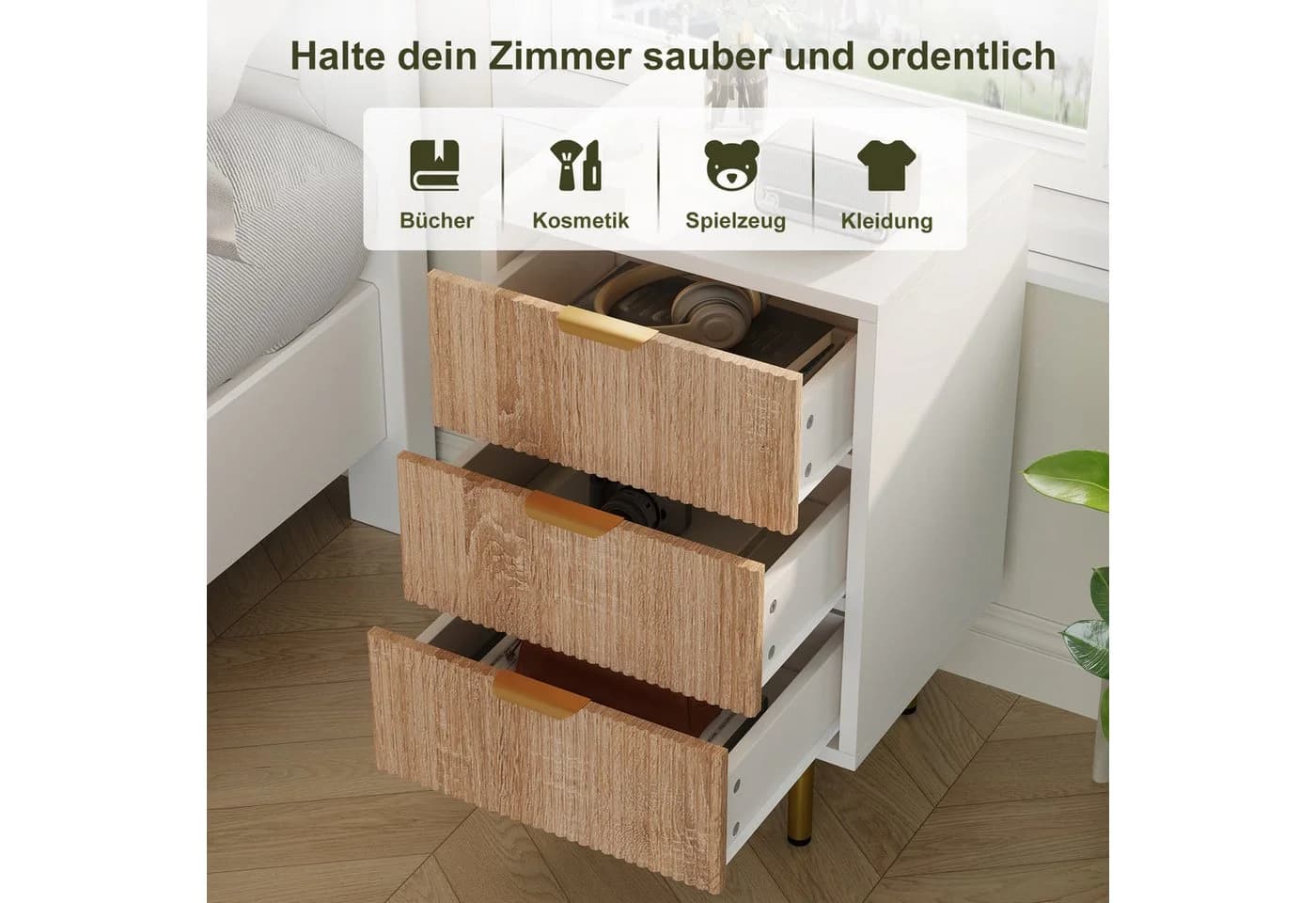 Simurq Nachttisch 2er-Set Weiß/Gold mit 3 Schubladen - Bild 5