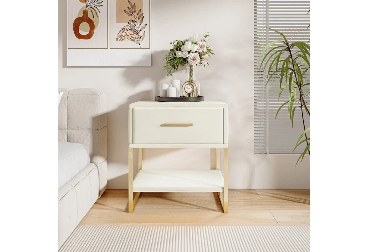 Simurq Nachttisch Samt Beige Gold Metallrahmen LED